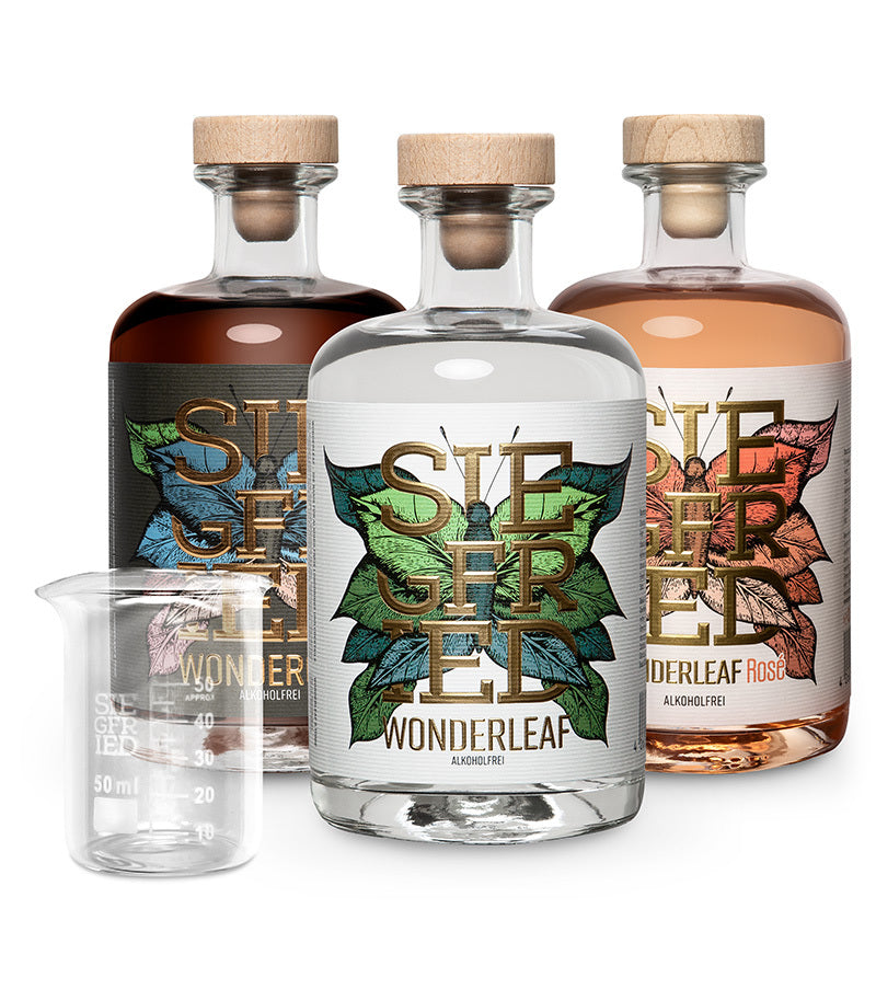 Alkoholfrei Set (je 1 Flasche Wonderleaf, Wonderleaf Rosé & Wonderoak) + gratis Meßbecher